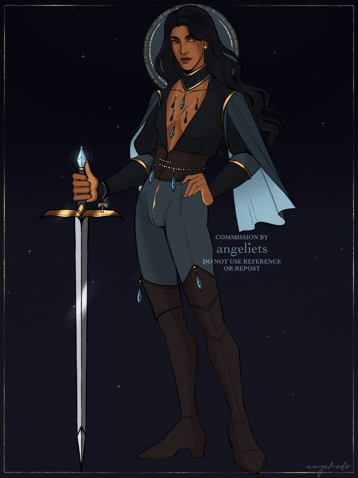 Original artwork of a human female forge domain cleric, posing with sword against a starry night sky background.