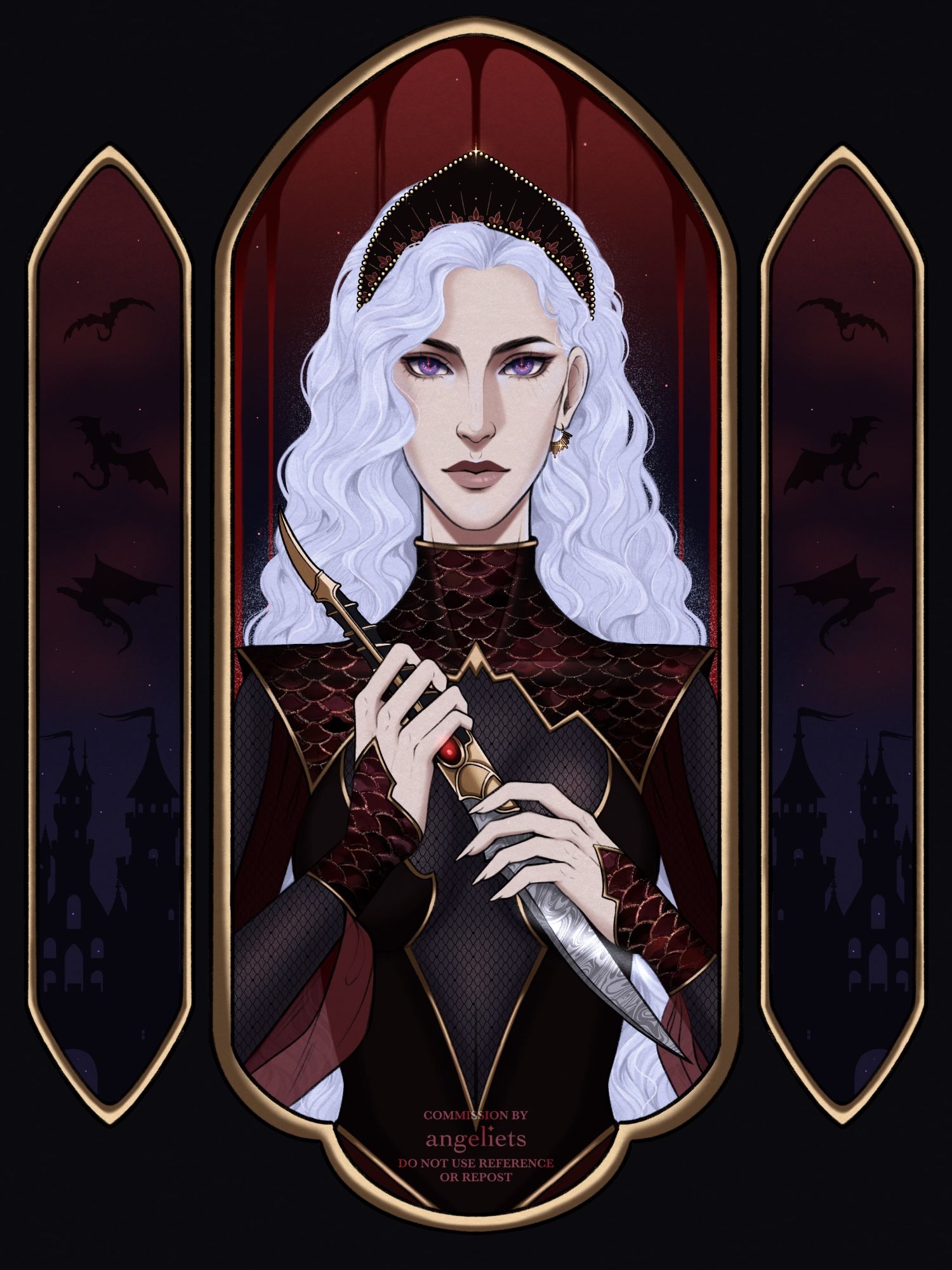 Art commission of a Targaryen original character named Rhaela. She is holding the Valyrian dagger with The Prince Who Was Promised prophecy imbued in its blade, her purple eyes glowing red.