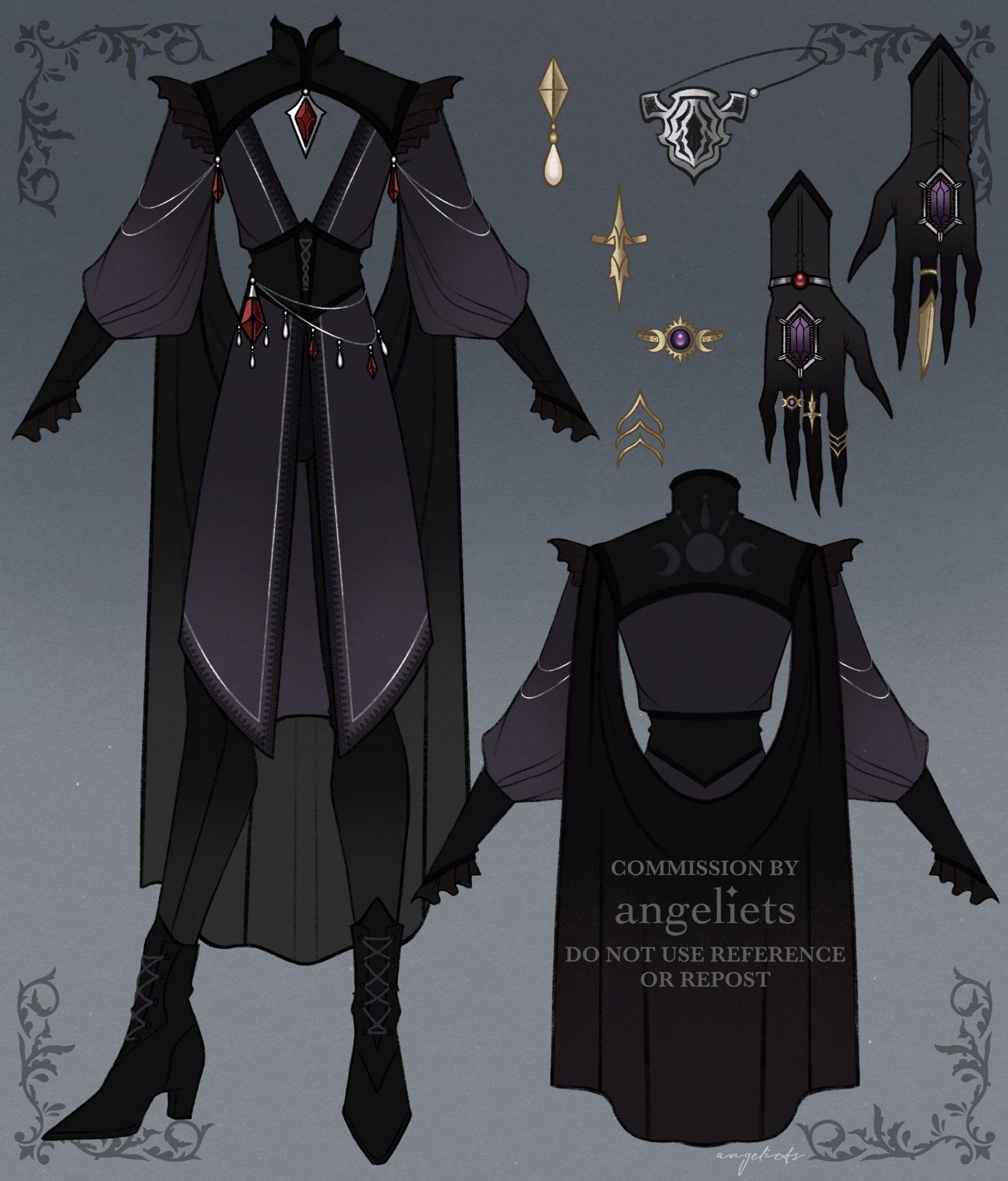 Gothic, masculine costume design in the colors black and purple, with pops of crimson jewelry.