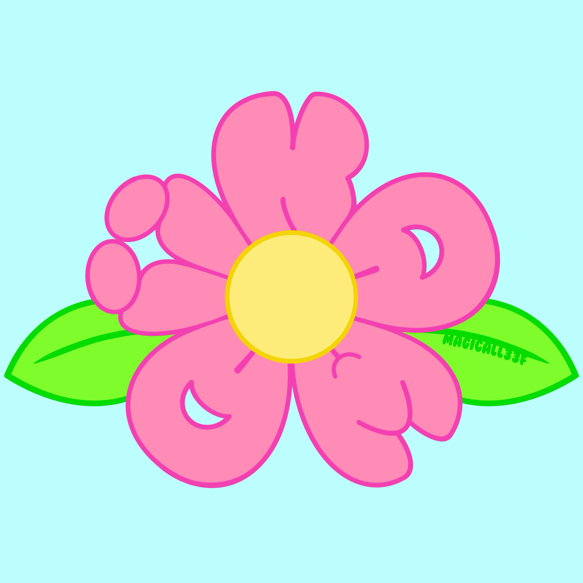 Digital illustration of a pink and yellow where the petals spell “kawaii”.