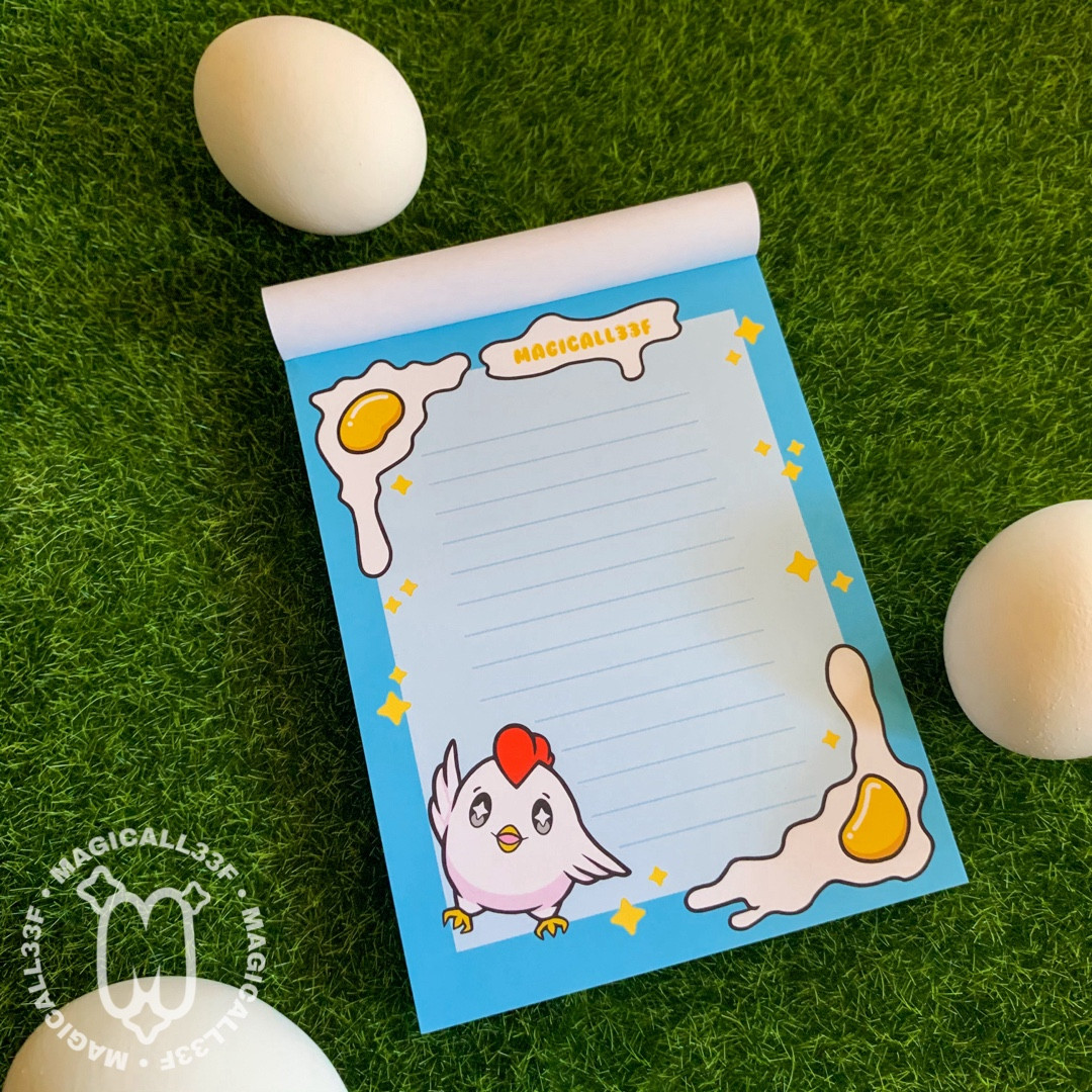 A sticker and notepad set featuring a cute egg-shaped chicken named Chegg.