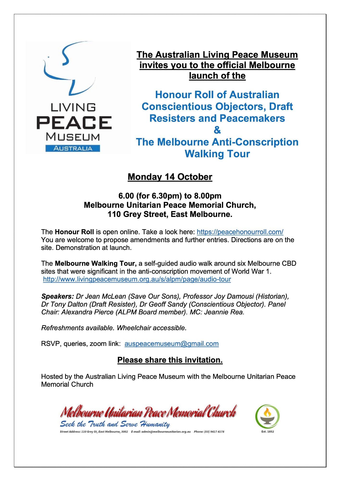 A flyer advertising the launch of two new exhibits from the Living Peace Museum, on October 14.