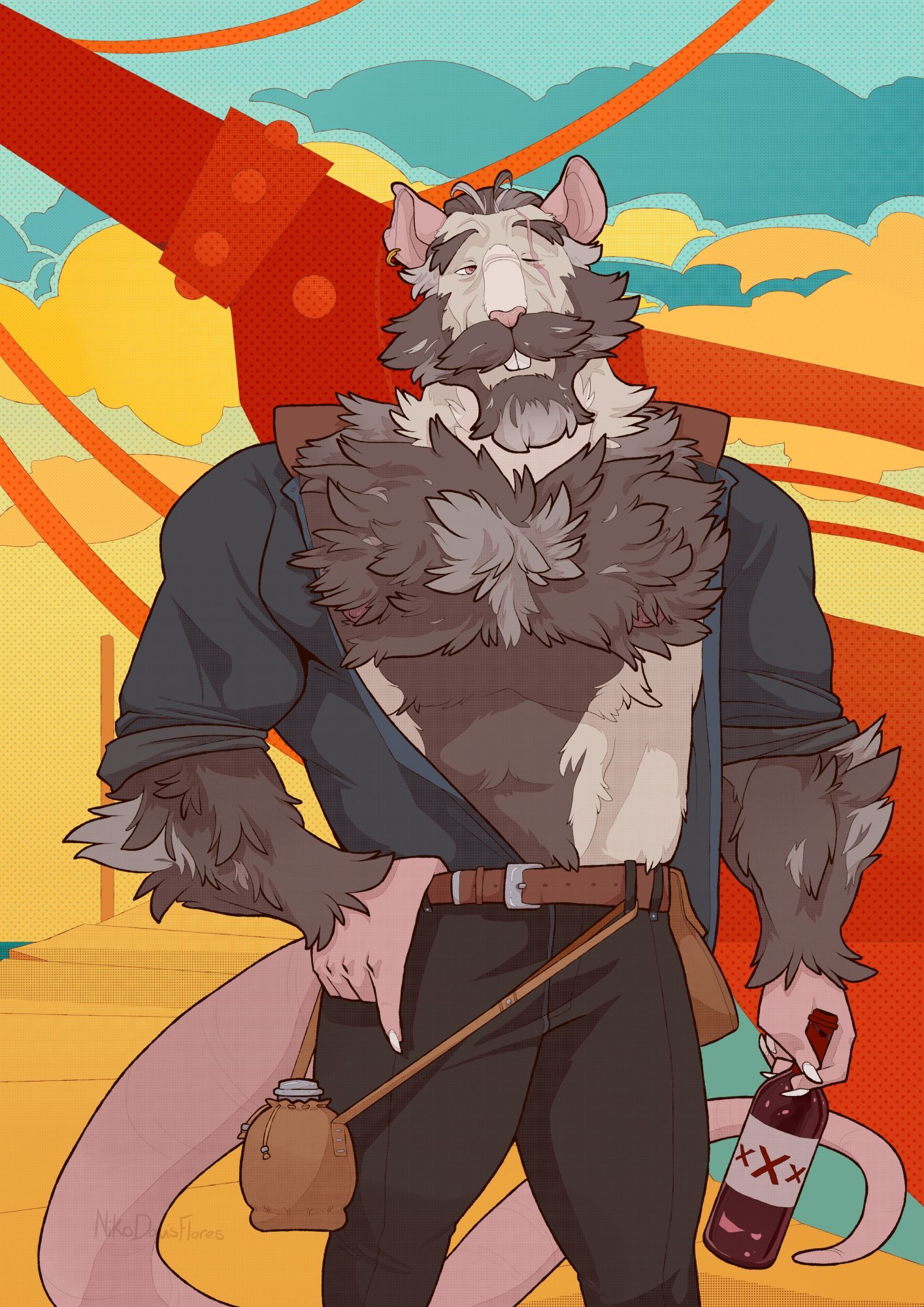 Sylvester Rat poses grasping his belt looking content at a vibrant colored dock by the sea, He is holding a empty alcoholic bottle and an additional on his lower thigh. Sylvester's shirt is unkempt, exposing his wide chest hair.