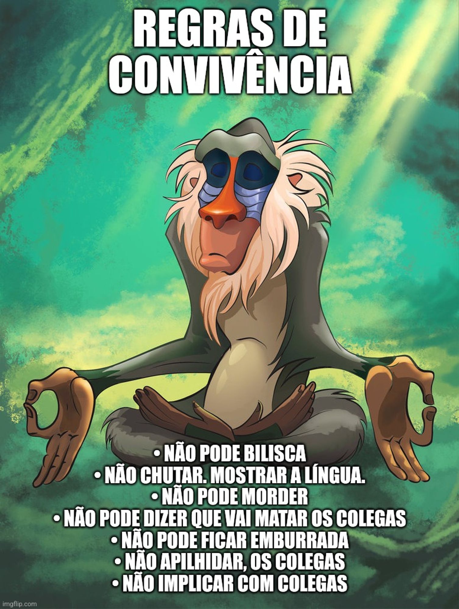 Rafiki meditando. Texto: REGRAS DE CONVIVÊNCIA
• não pode bilisca
• não chutar. mostrar a língua.
• não pode morder
• não pode dizer que vai matar os colegas
• não pode ficar emburrada
• não apilhidar, os colegas
• não implicar com colegas