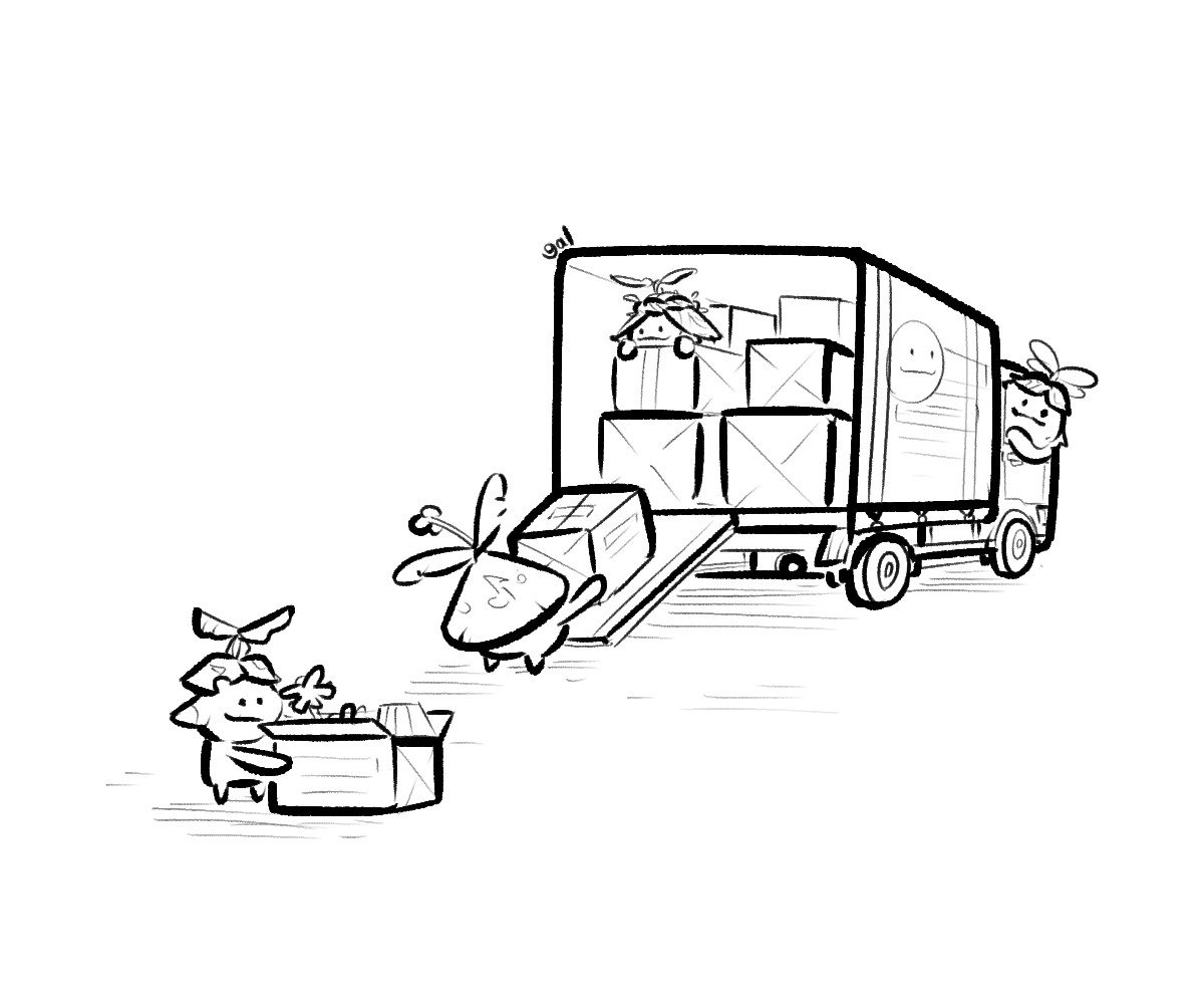 drawing of assorted aranara (Arakanta, Arakavi, Aramuhukunda, and Aramani from Genshin Impact) loading things into a moving truck, intended to be reflective of the big exodus from twitter/X to various sites like this one