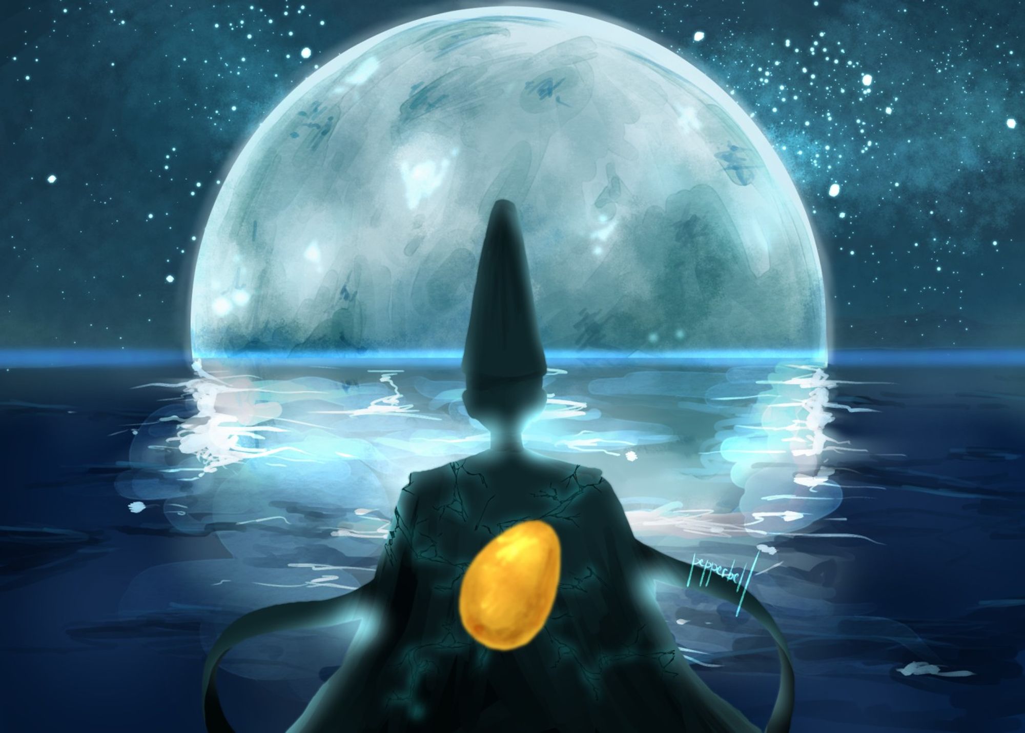 Rennala (Elden Ring) standing in front of the full moon in her second phase stage. Her amber egg floats before her.