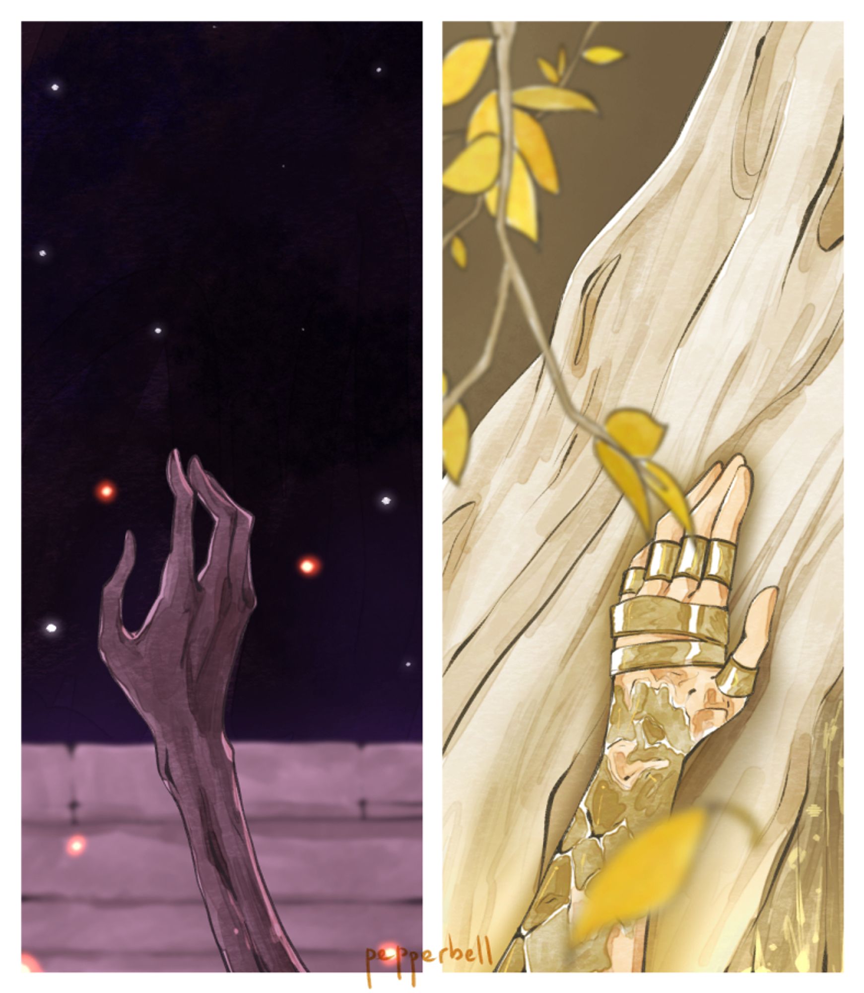 Left panel: Miquella's arm reaching up toward the sky as seen in Mogh's boss cutscene in the Moghwyn Dynasty Mausoleum, which is below Aeonia in Caelid.
Right panel: Malenia's arm reaching up toward her brother's image in the Haligtree as seen in her boss cutscene.