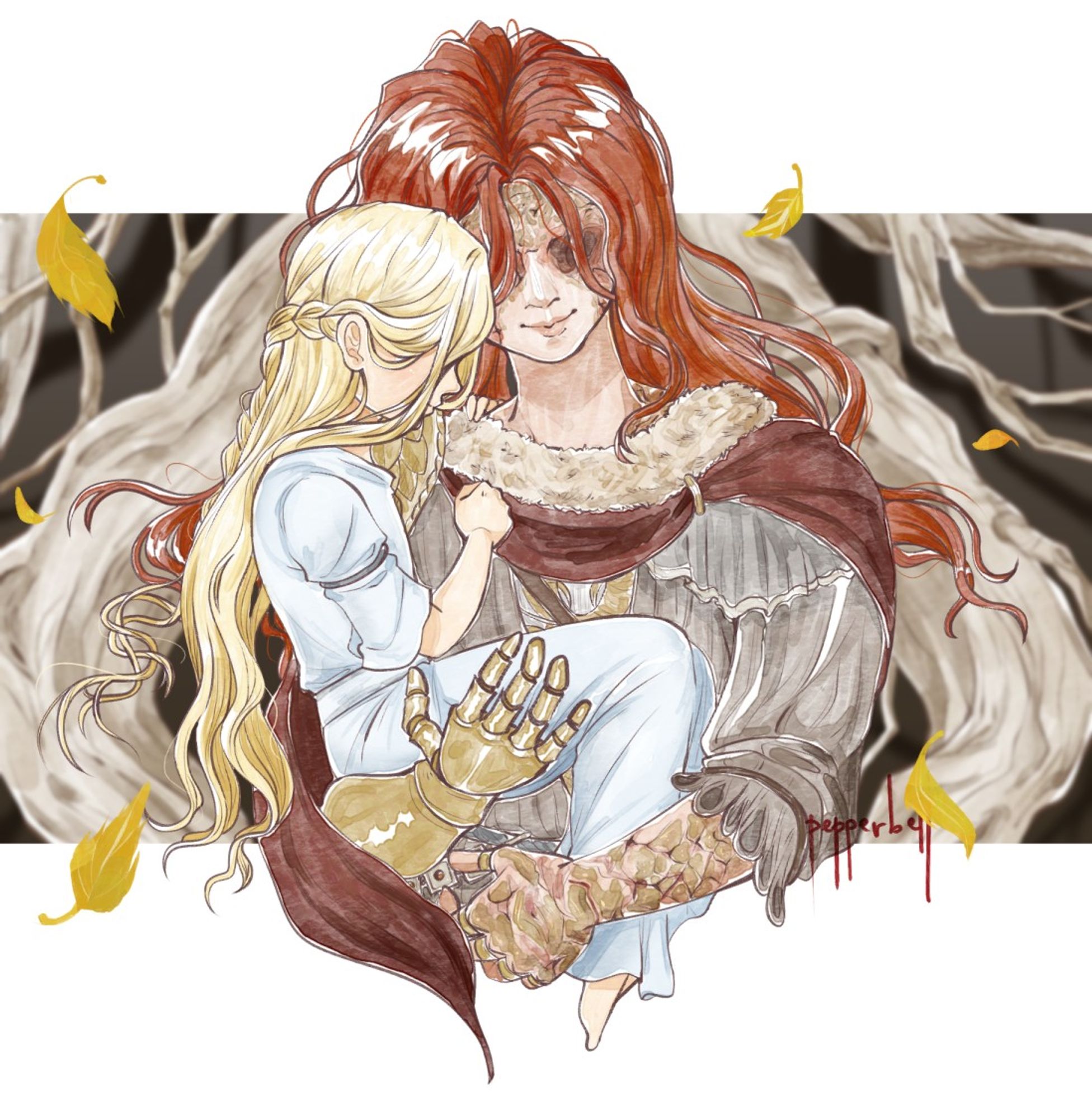 Malenia and Miquella from Elden Ring, smiling as she holds him in front of the branches of the Haligtree.