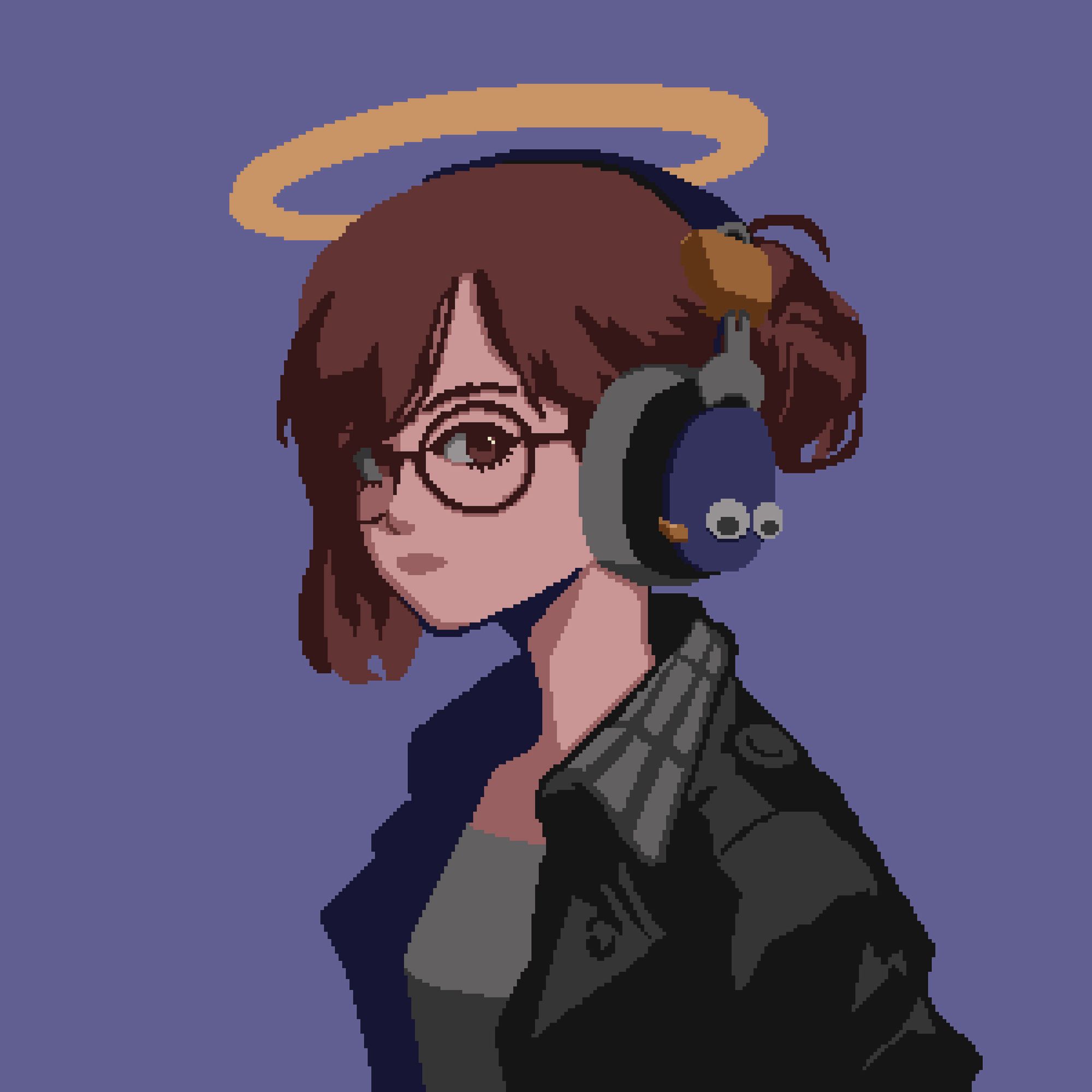 🎨 pixelart of a girl with a halo and headphones with googly eyes