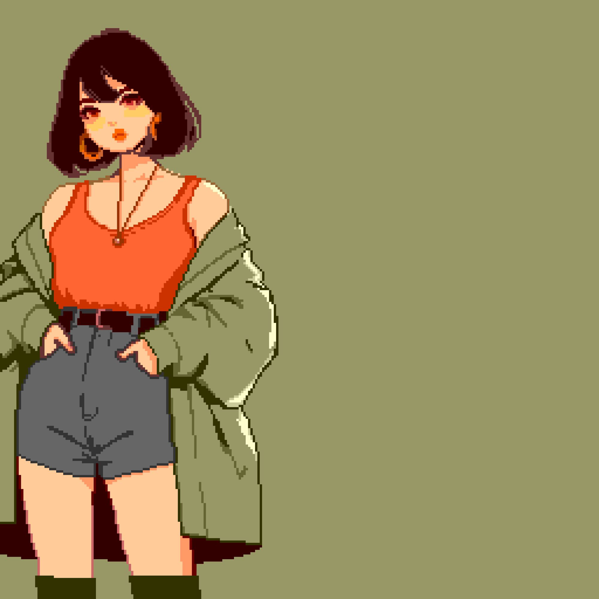 pixel art of a girl with an orange shirt