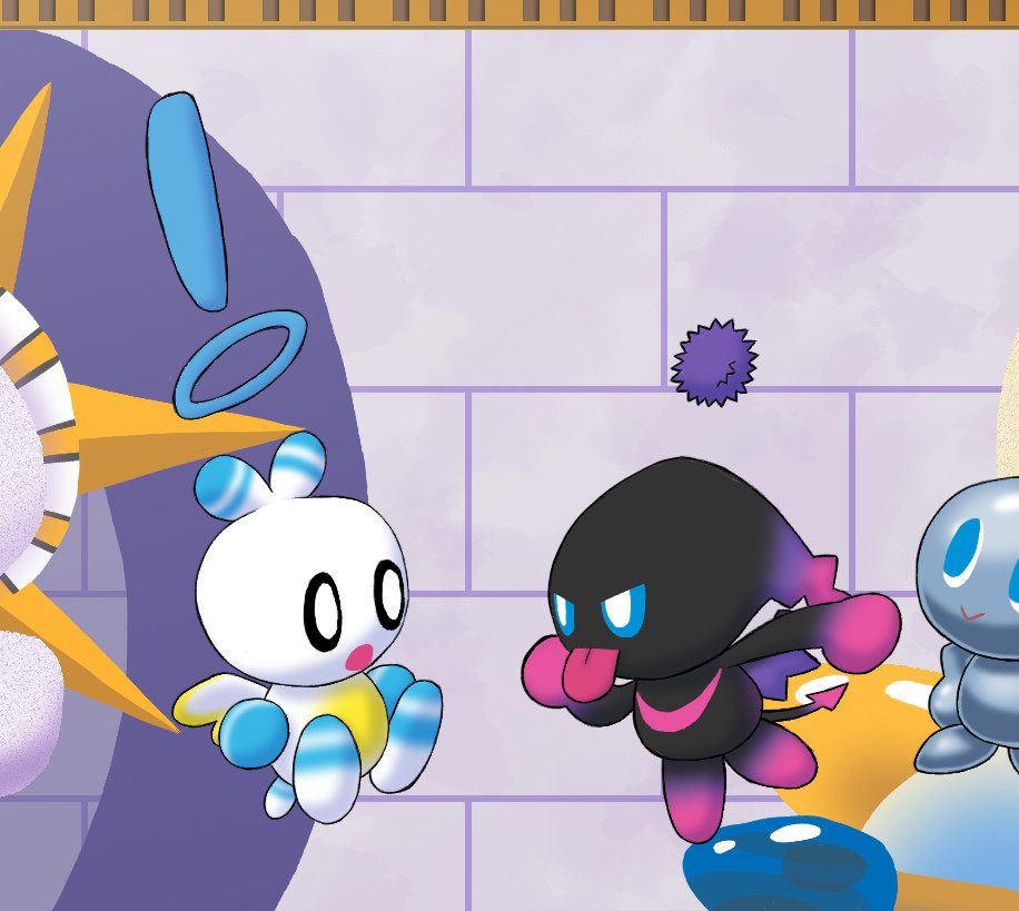 The Adult Normal Dark Chao from before pulling a face at an Adult Normal Hero Chao
