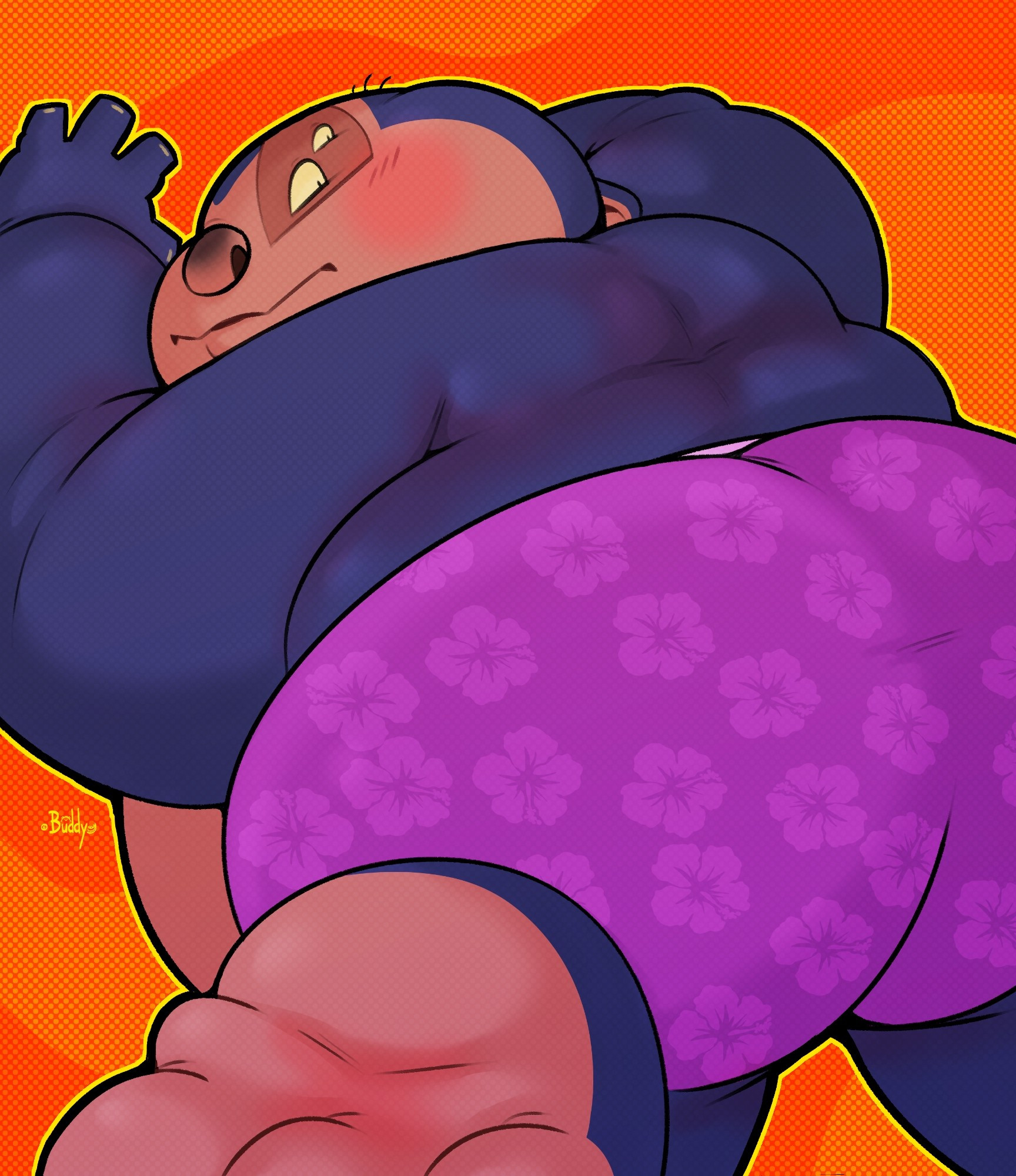 Jumba is lying on his stomach wearing nothing but underwear and looking back at the viewer.