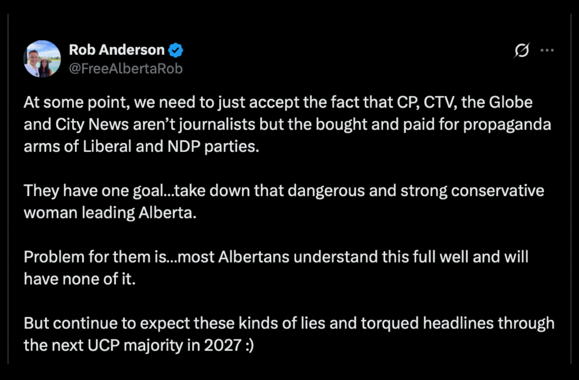 Premier Danielle Smith's chief of staff, Rob Anderson, accuses CP, CTV, The Globe and City News of not being journalists, and of being the bought and paid for propaganda arms of the Liberals and NDP. Anderson says their one goal is to take down Smith. 