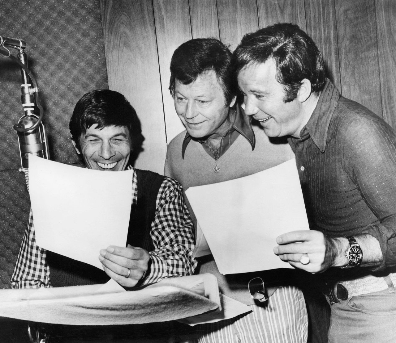 Leonard Nimoy, DeForrest Kelley and William Shatner in 70s finery recording voices for Star Trek: The Animated series. They are all very happy to be there.