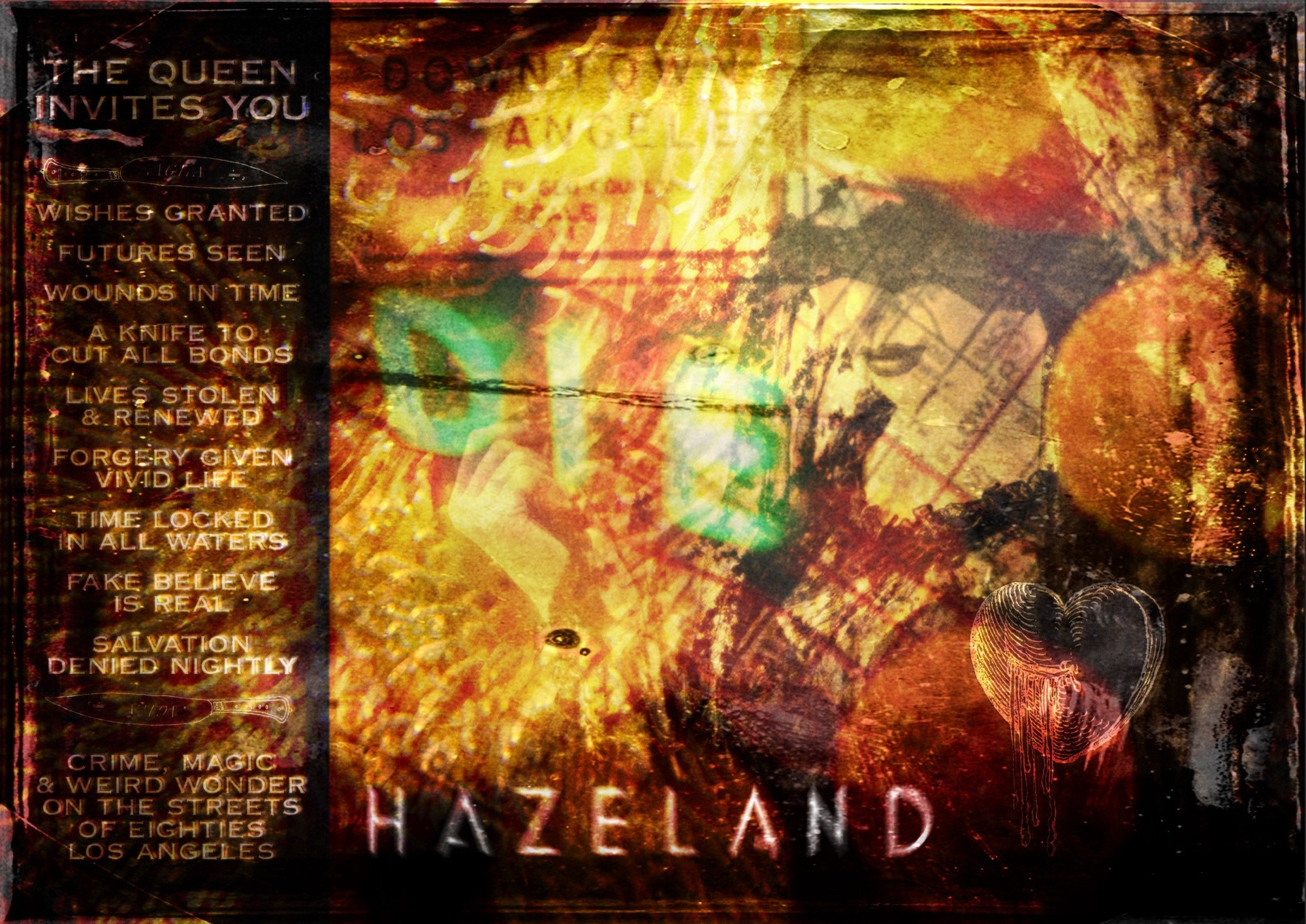 Promo card for the Hazeland books, featuring a representation of the character Ariela, heavily treated and textured photograph featuring a woman of indeterminate age with a veil.