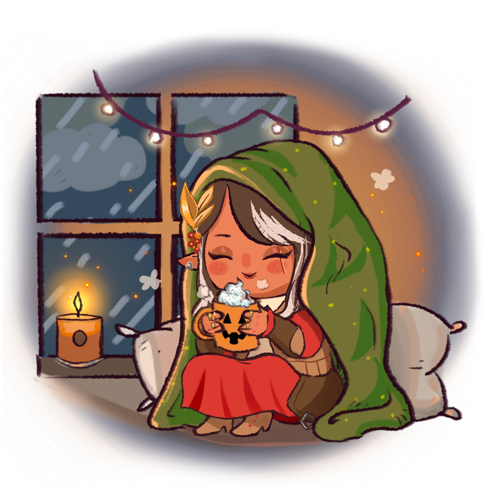 Solene sitting by a lit candle in the window, with a cozy green blanket thrown over her and a hot autumn drink held in her hands.