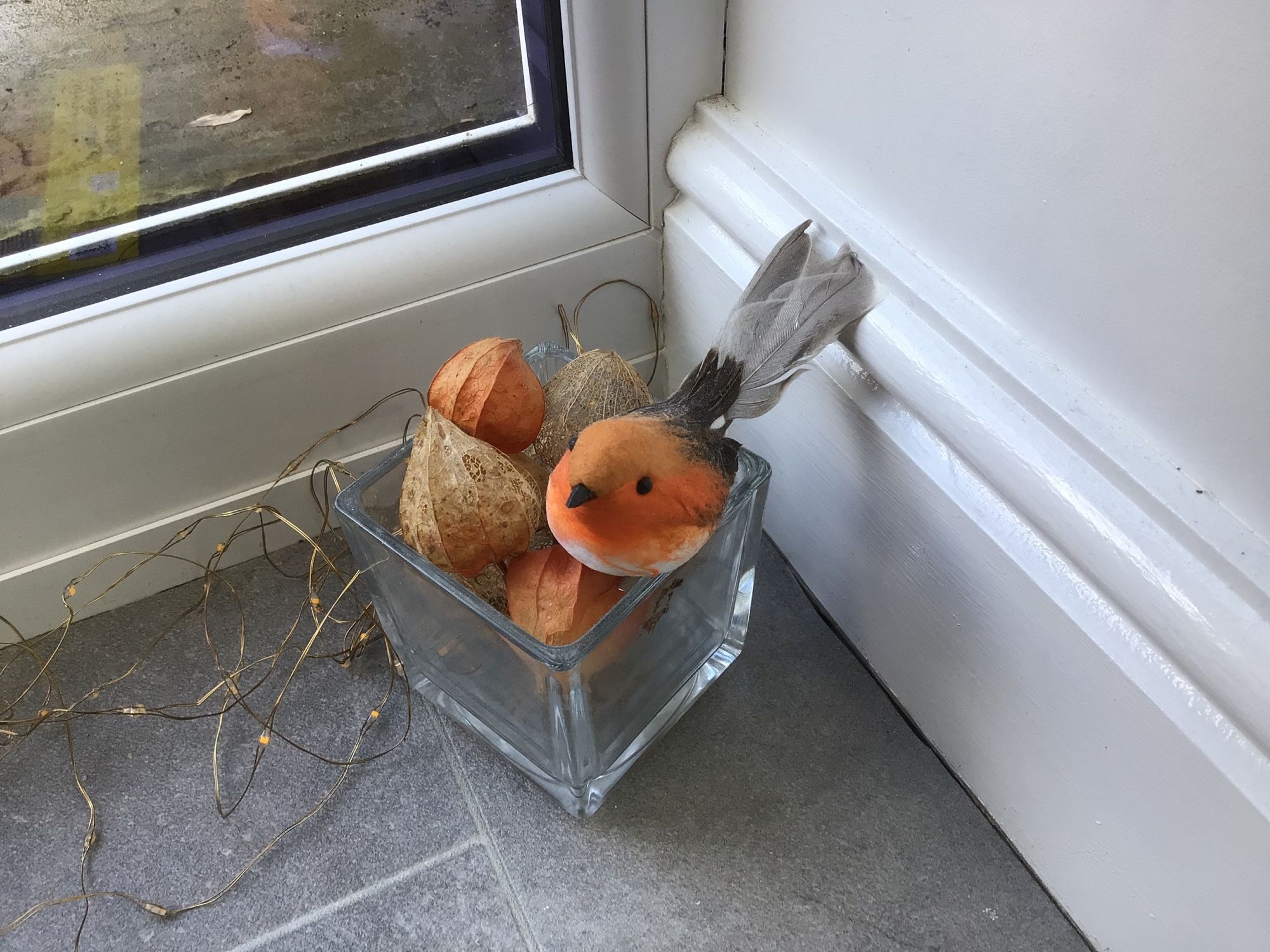 Little glass vase with Chinese lantern heads and an artificial Robin brightening up a window-corner.