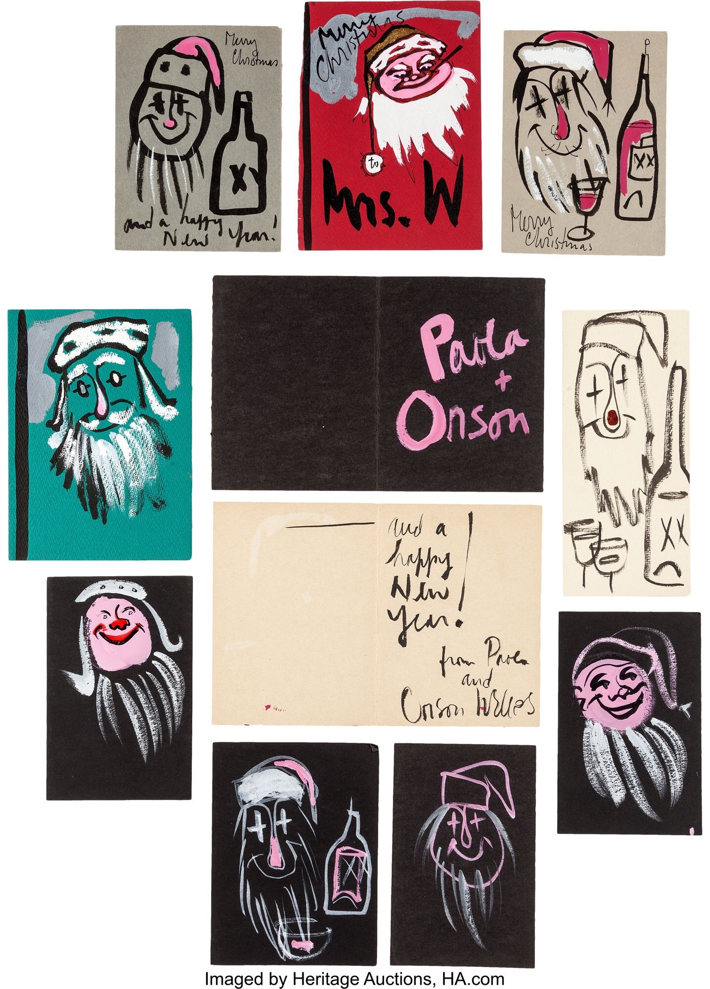 Collection of postcards with naively charming drawings of Santa on them. In several of them Santa is visibly drunk