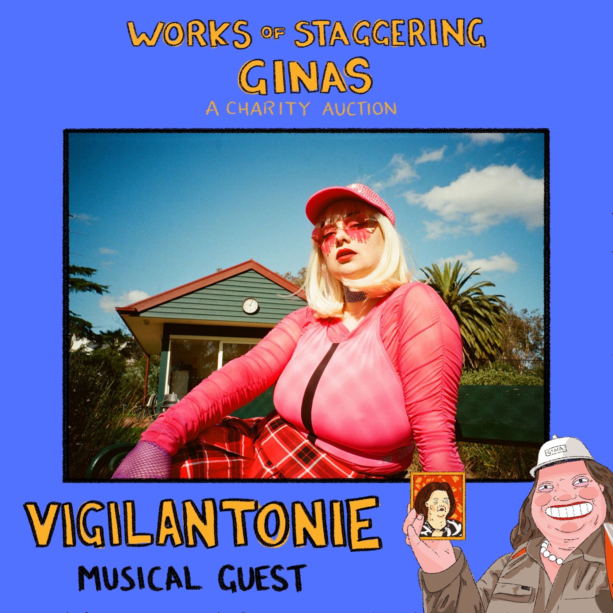 Vigilantonie - musical guest
Image of Vigilantonie - A blonde popstar. She’s wearing an outfit in shades of pink - cap, pink-tinted sunglasses, mesh shirt, plaid shirt - and she’s reclining in front of a suburban house. She also looks great.