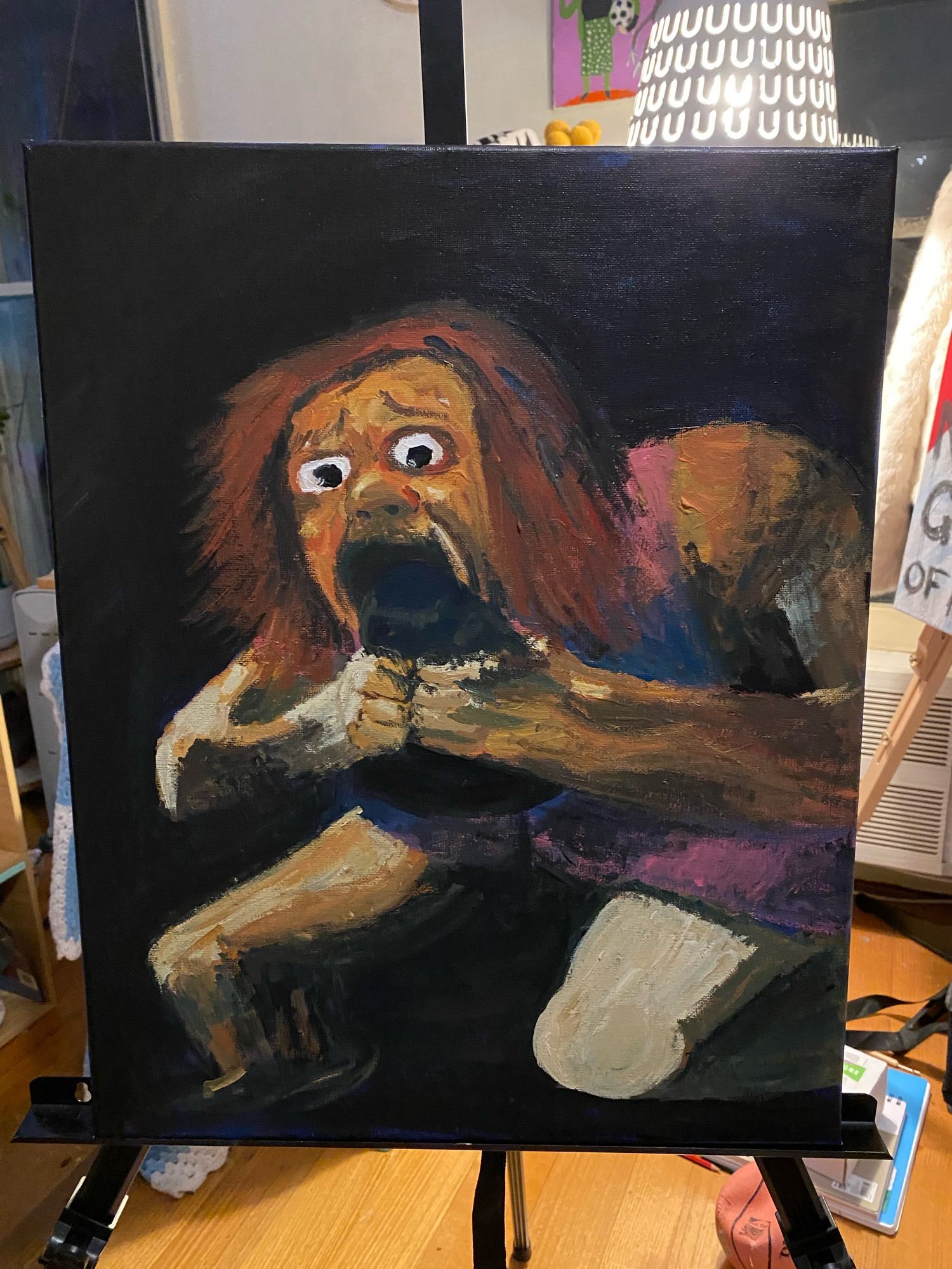 A painted portrait of Gina Rinehart in the style of Goya’s ‘Saturn Devouring His Son’. She’s wearing a pink hi-vis vest and instead of eating a baby, she’s eating a big chunk of coal.