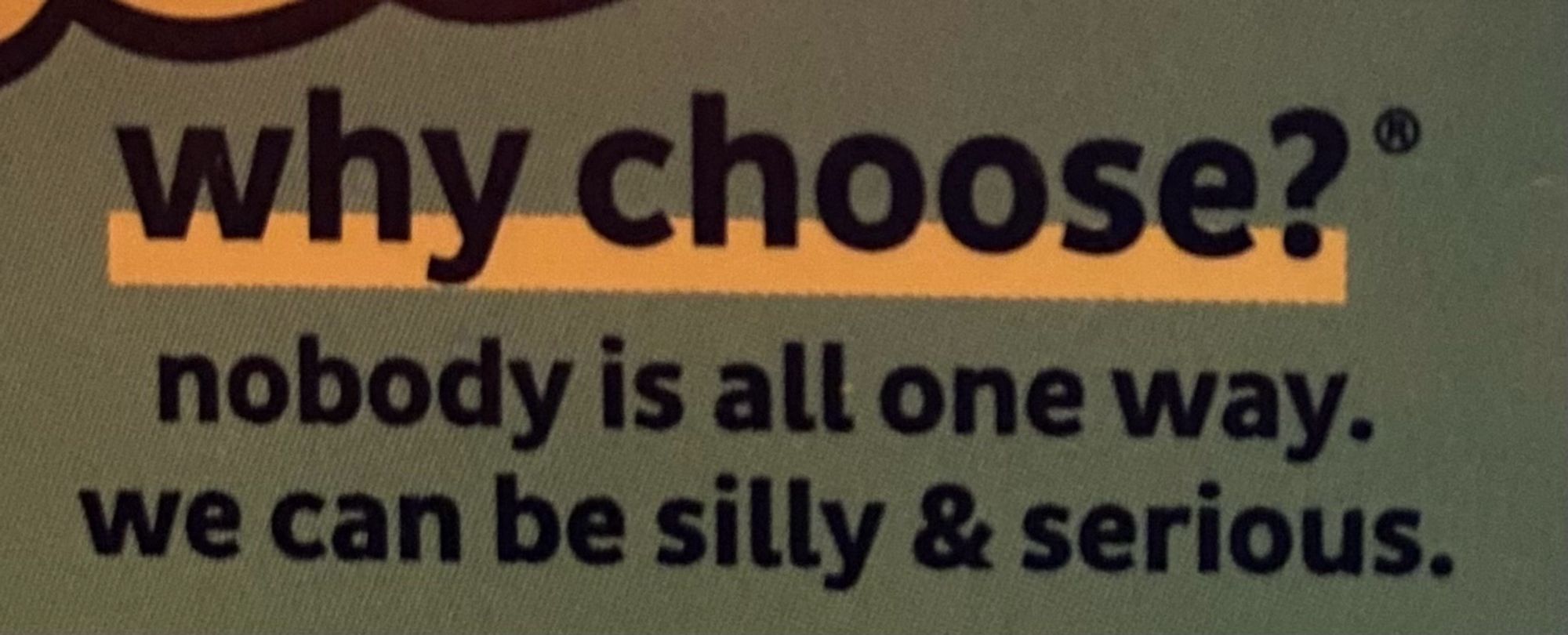 Back of a box of candy that reads “why choose? nobody is all one way. we can be silly & serious.”