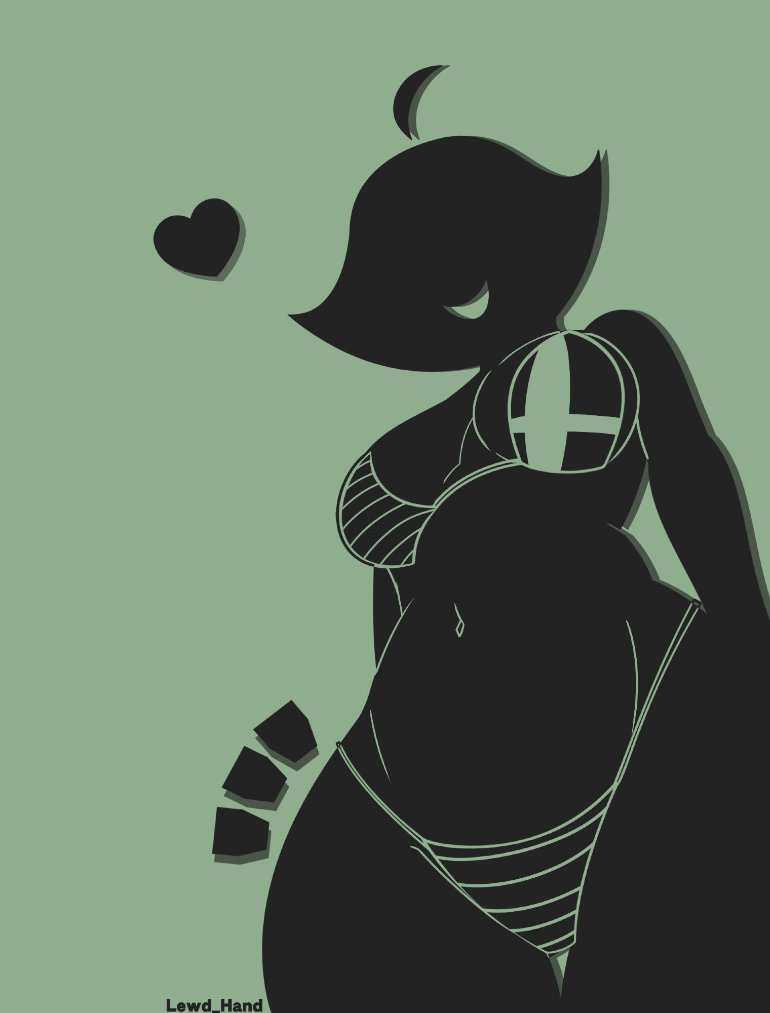 Ms Game and Watch in a bikini (with SSBU logo) looks down at the viewer