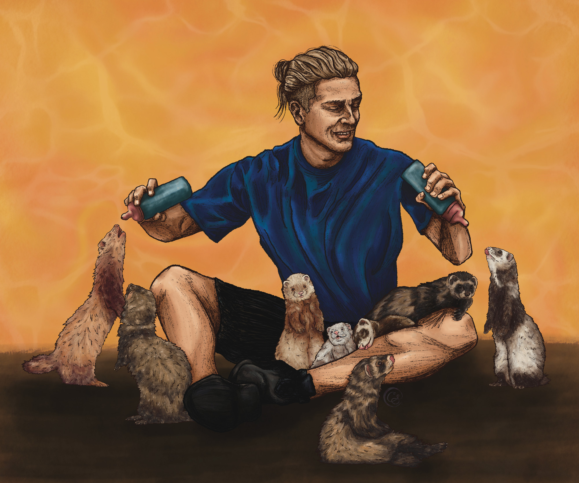 Rugan from Baldur's Gate 3 is sitting down, holding two bottles, feeding 8 ferrets, some are standing and some are in his lap.