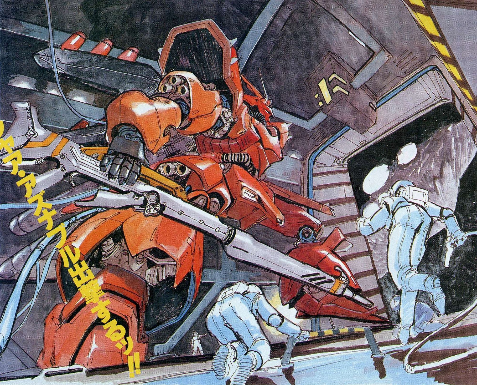 Sazabi preparing to launch from a hangar bay, holding a rifle in its right hand. This art is also featured on the Mobile Suit Gundam: Char's Counterattack laser disc.