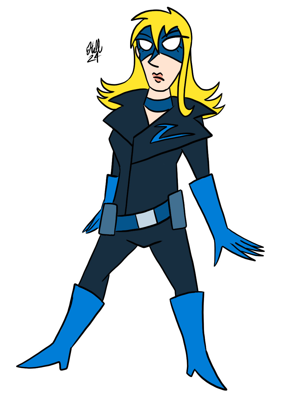 Digital concept for my character Samantha in her youth as a superhero. She wears a blue domino mask and a leather jacket, and has shoulder-length hair.