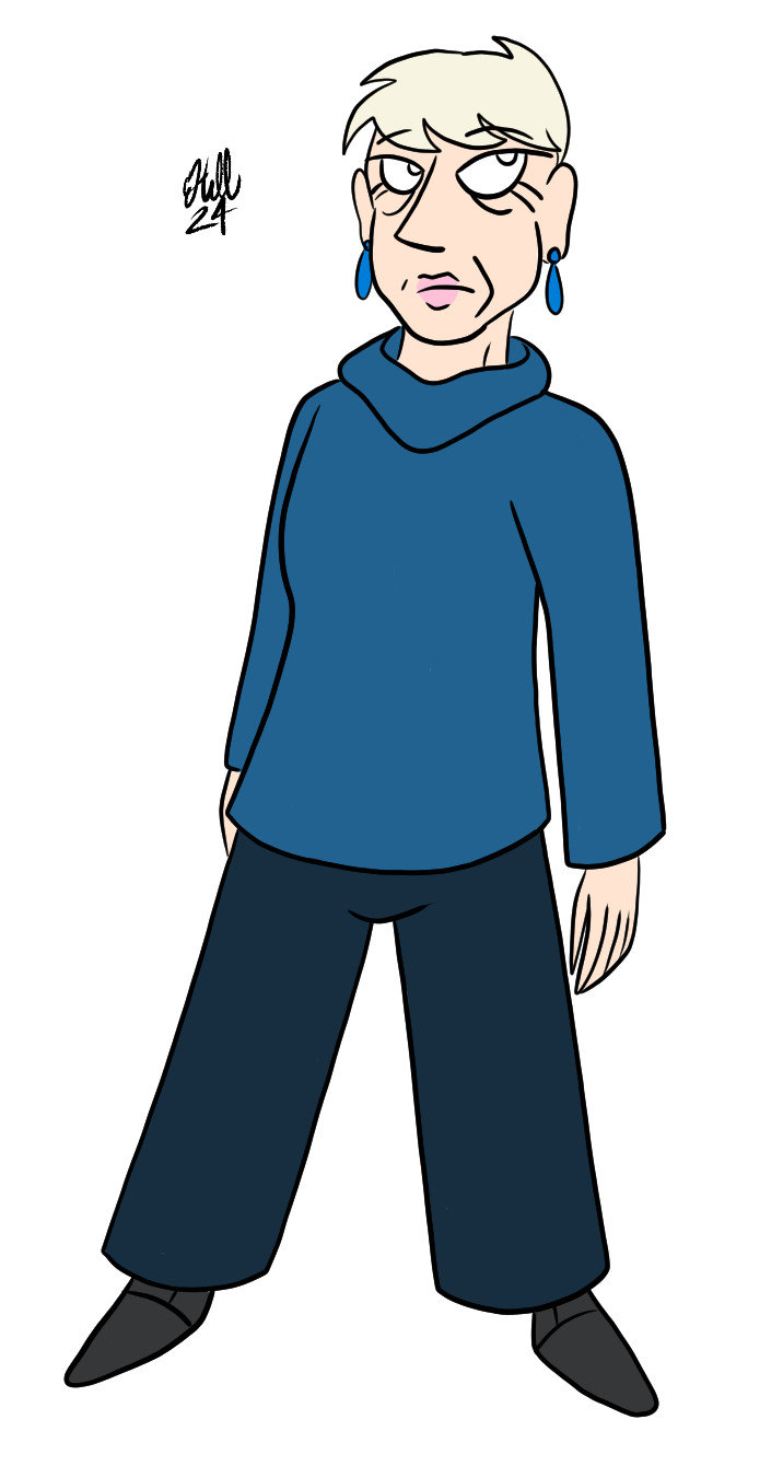 digital concept for my character Samantha. She is an old woman with short, graying blonde hair, wearing a simple outfit.