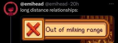 a video game screenshot with a tweet @emihead saying: Long distance relationships: out of milking range