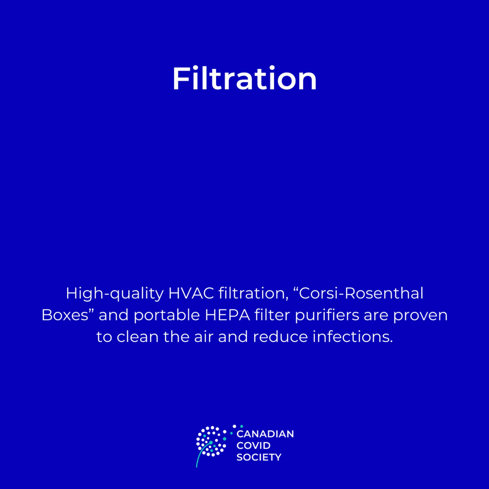 A graphic with the text:
Filtration
High-quality HVAC filtration, "Corsi-Rosenthal Boxes" and portable HEPA filter purifiers are proven to clean the air and reduce infections.
