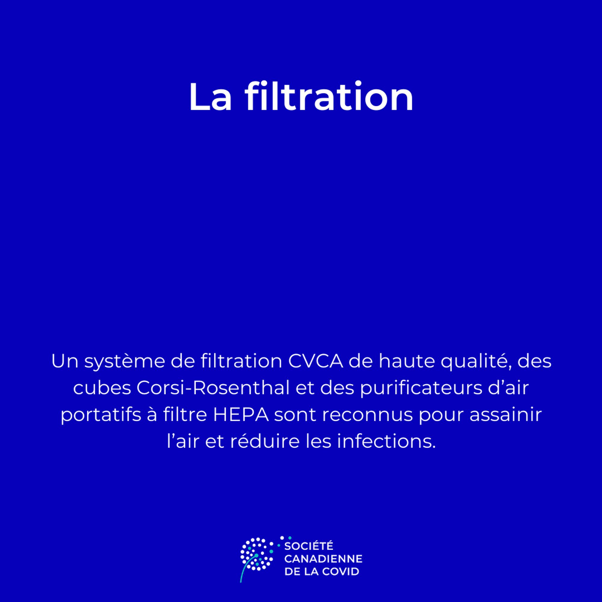 un graphique avec le texte : 
La filtration
Un système de filtration CVA de haute qualité, des cubes Corsi-Rosenthal et des purificateurs d'air portatifs a filtre HEPA sont reconnus pour assainir l'air et réduire les infections.