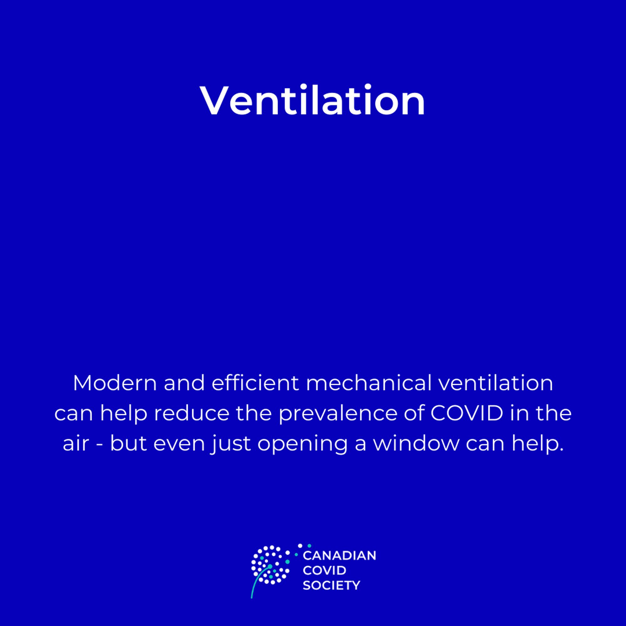 A graphic with the text: 
Ventilation
Modern and efficient mechanical ventilation can help reduce the prevalence of COVID in the air - but even just opening a window can help. 