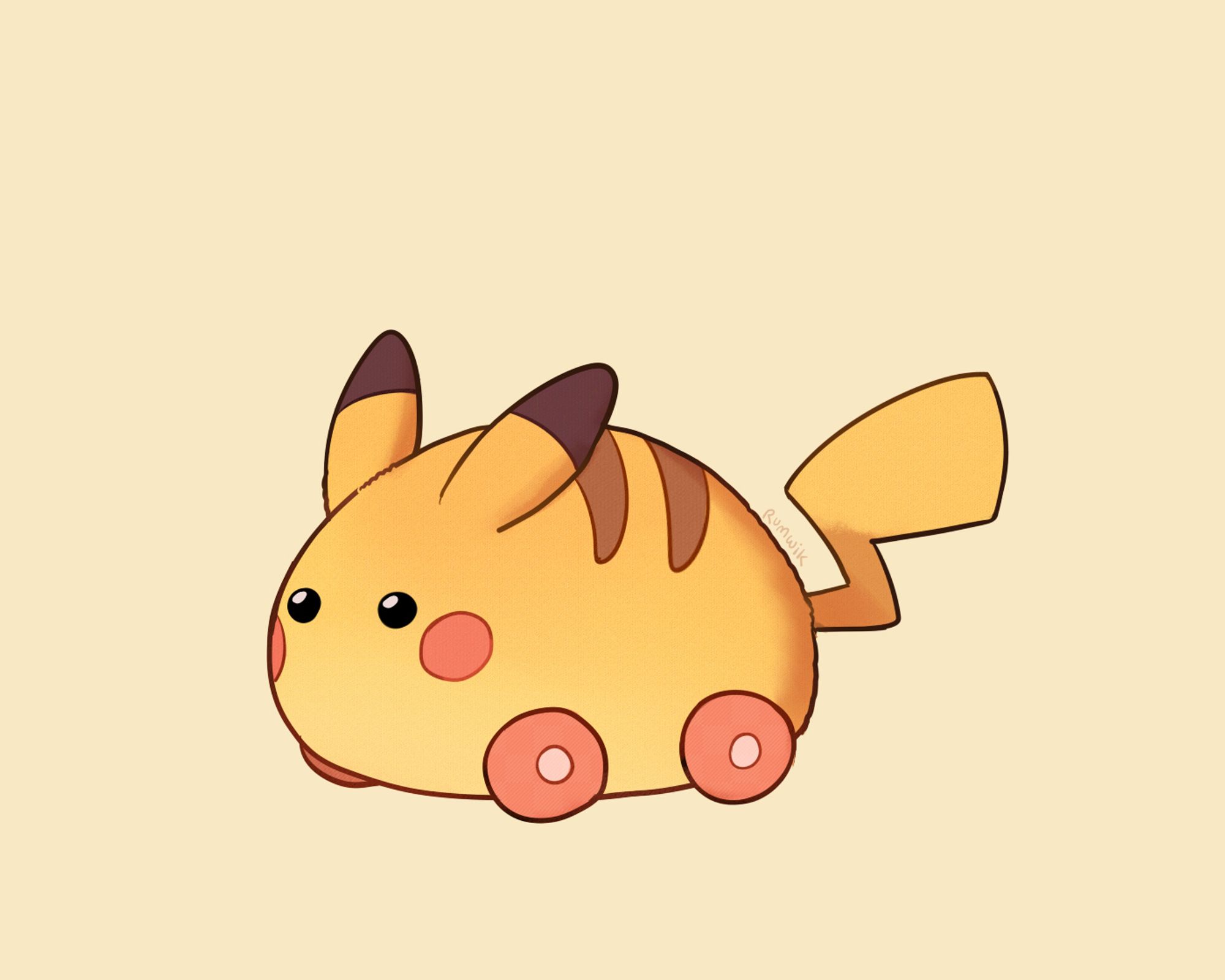 Pokemon fanart, digital drawing of a dumpling shaped pikachu car. It has tiny pink wheels and intense beady eyes, but no nose or mouth.