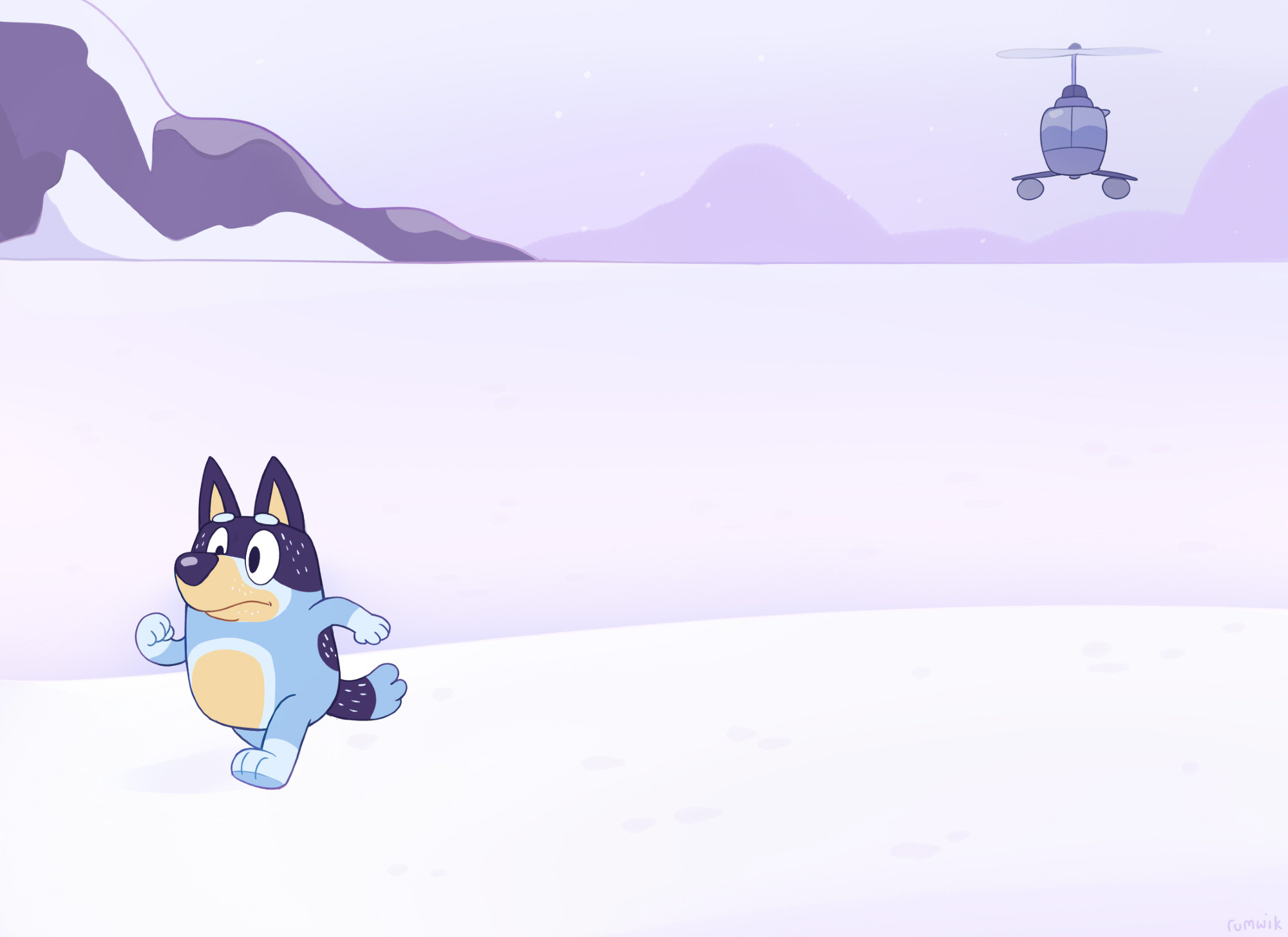 A drawing of Bandit from the Bluey television show running for his life in an Antarctic snowscape. He is being pursued by a helicopter.