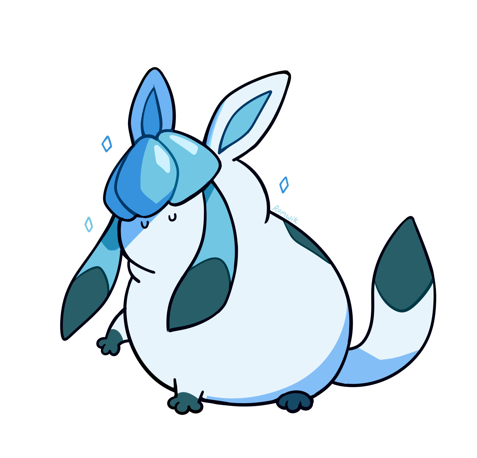 Pokemon fanart, a digital drawing of a comically tubby glaceon sitting down.