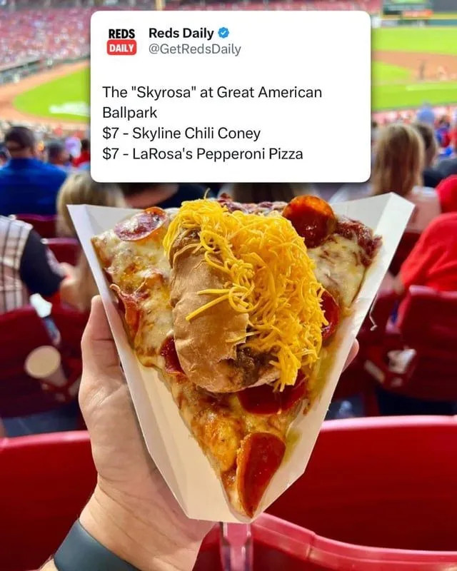 image showing the "skyrosa" - a Skyline chili coney dog on top of a LaRosa's pepperoni pizza slice