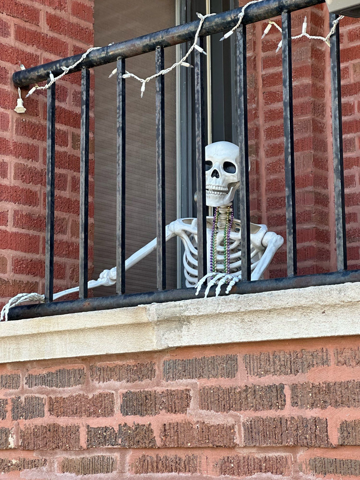 A Halloween skeleton on a brick patio, chum