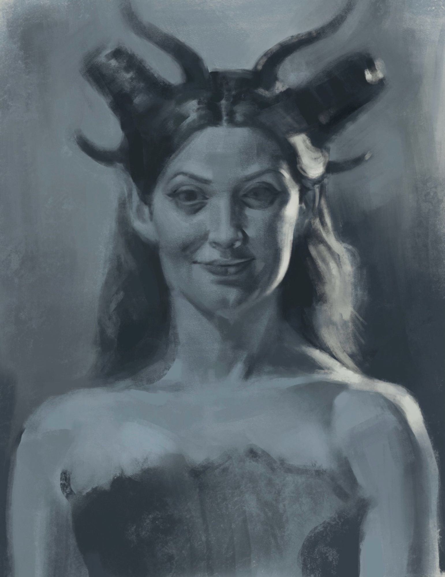 study of a woman wearing horns. harsh light illuminates half of the face