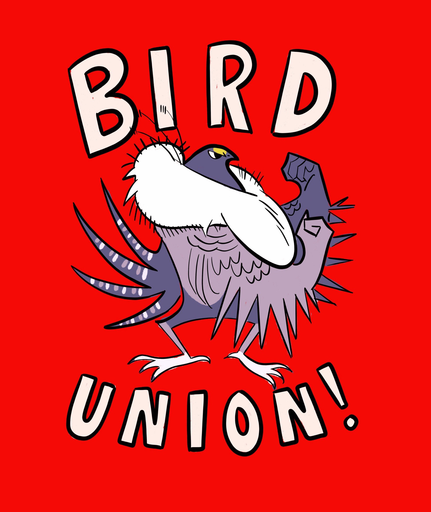 Bird Union graphic of a cartoon male Greater Sage-Grouse with his fists raised. The words BIRD UNION! are above and below him. All is on a red background. Image by Maddox Wolfe.