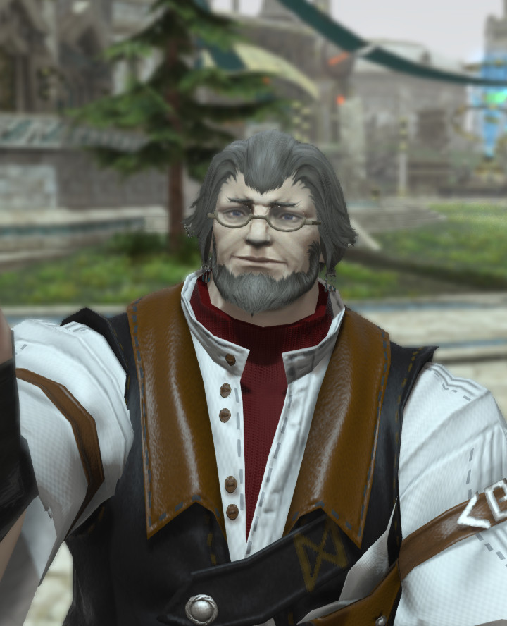 A comfortable roegadyn parent waves away whatever nice thing you're saying about him. He's fashionably dressed in layers of cloth and leather, for the coming season.