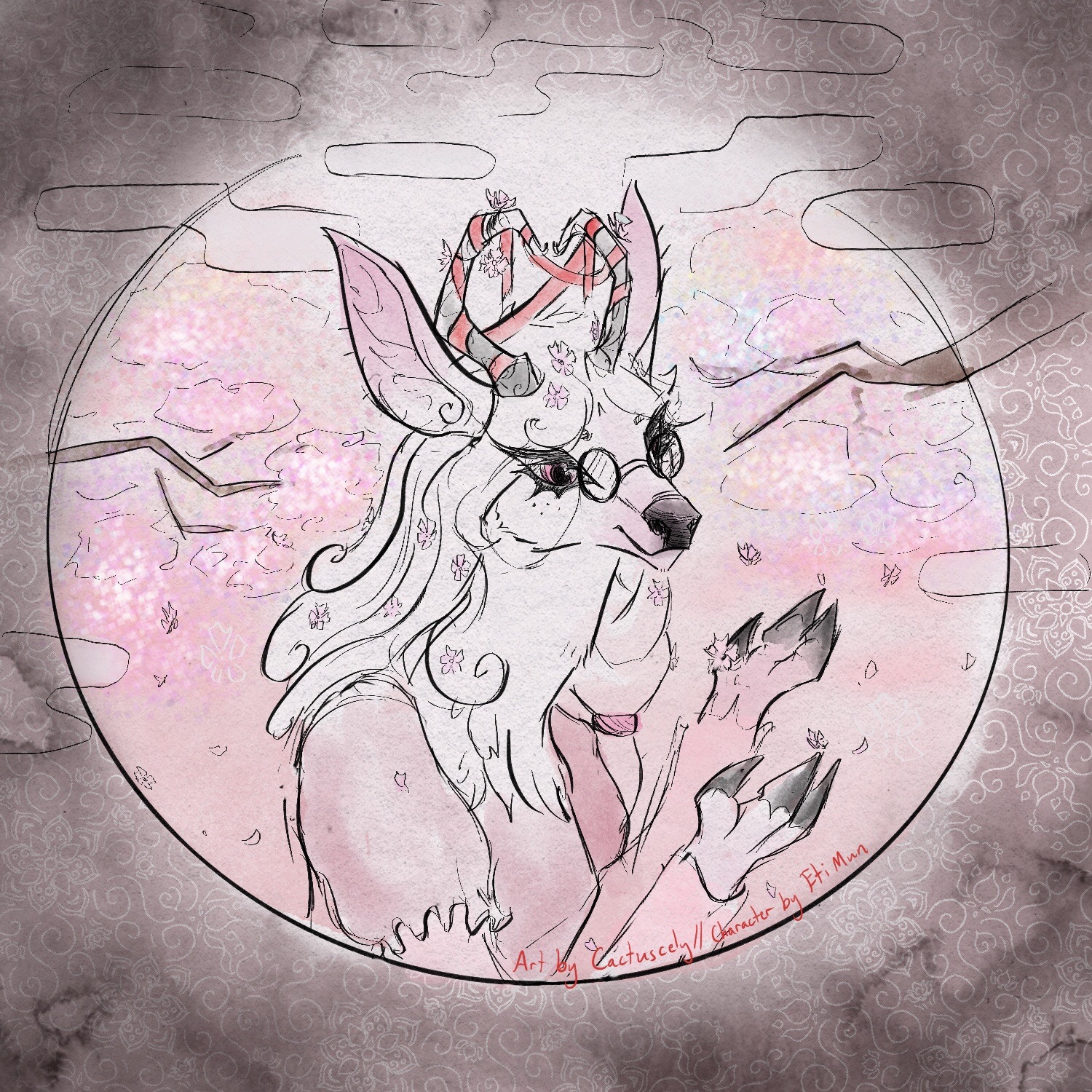 Half-body portrait of an anthro deer character with a pastel pink palette. She is framed with a weathered pattern/vignette and has her hands palms-upward catching Sakura petals. Her antlers have a red ribbon tied between them.