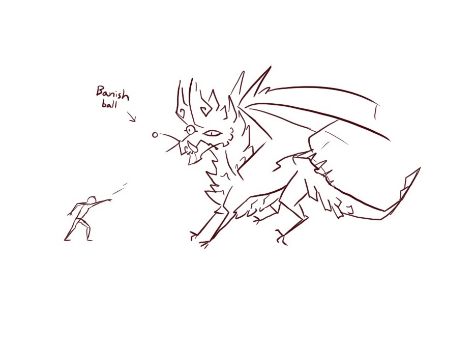 Old drawing of a person throwing a “banish ball” at a poorly drawn Alatreon.