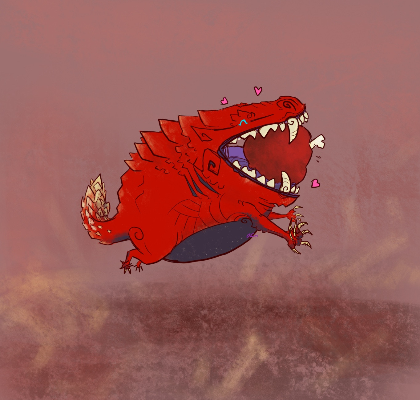 An unusually round cartoony Odogaron holding a simplified chunk of meat in his mouth. He is frolicking 