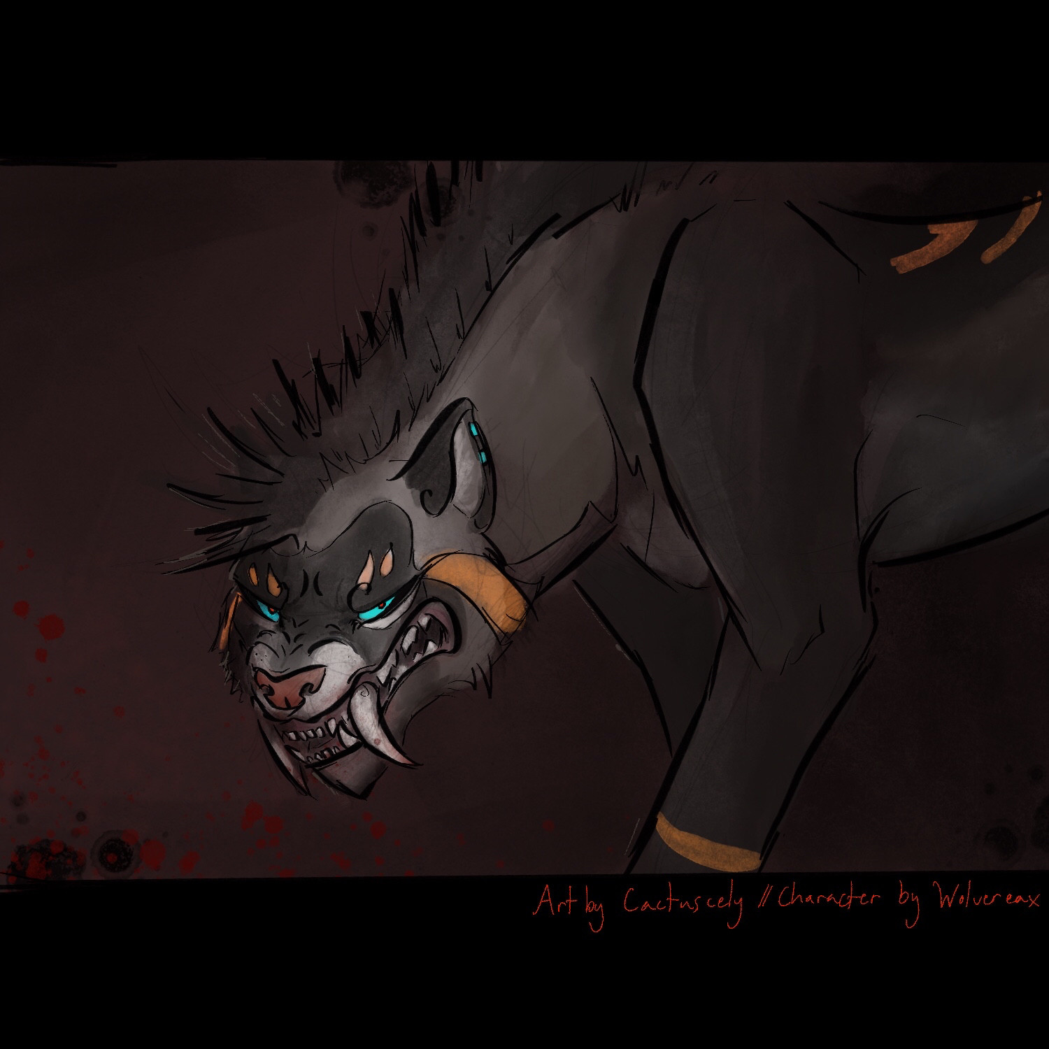 Saber-tooth cat character with dark grey and black fur with orange markings and bright blue eyes. He is snarling and depicted against a desaturated dark red background with red splotches resembling blood splatter. Black cinema bars at the top and bottom of the image are used to make it resemble a still from an animation.