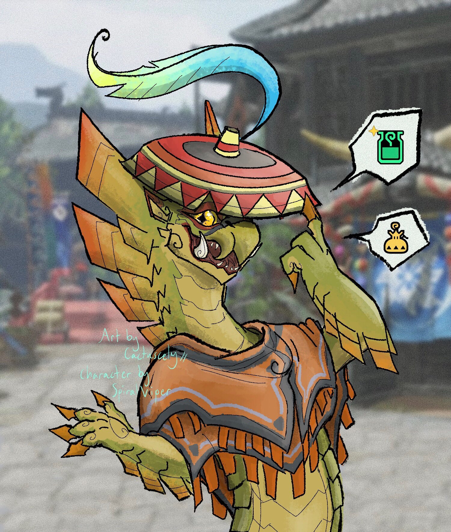 An anthro najarala (from Monster Hunter) character with a Yukumo hat and stylish orange poncho. He is tipping his hat as he speaks about potions (depicted in stylized speech bubbles). The background is a blurred screenshot of Kamura village of Monster Hunter Rise.