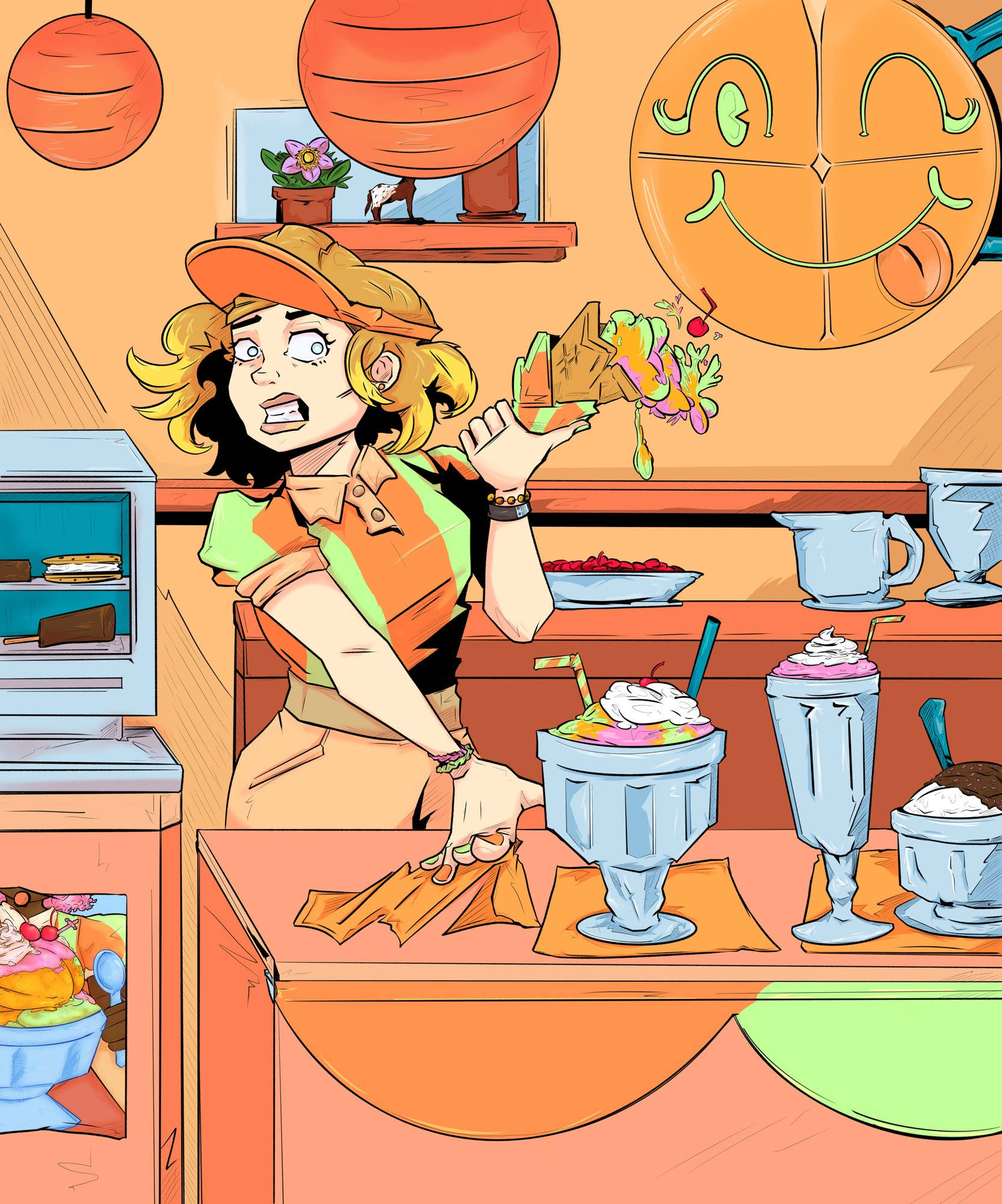 illustration of an anxious looking person holding an ice cream cone as it begins to fall in a brightly colored orange and green ice cream shop