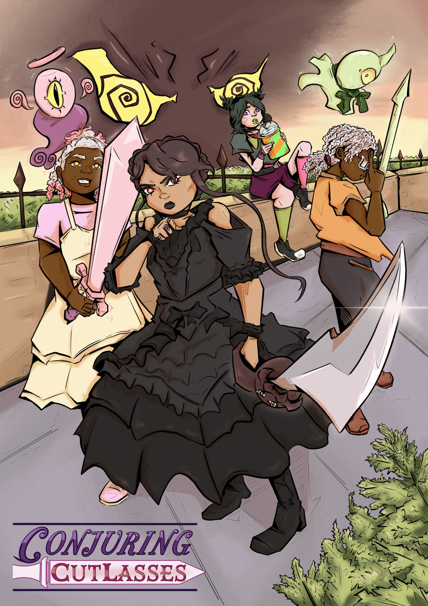 cover art for CONJURING CUTLASSES website. three friends stand together holding swords with magical glowing spirits above them. a girl in the background sits on a ledge holding a milkshake