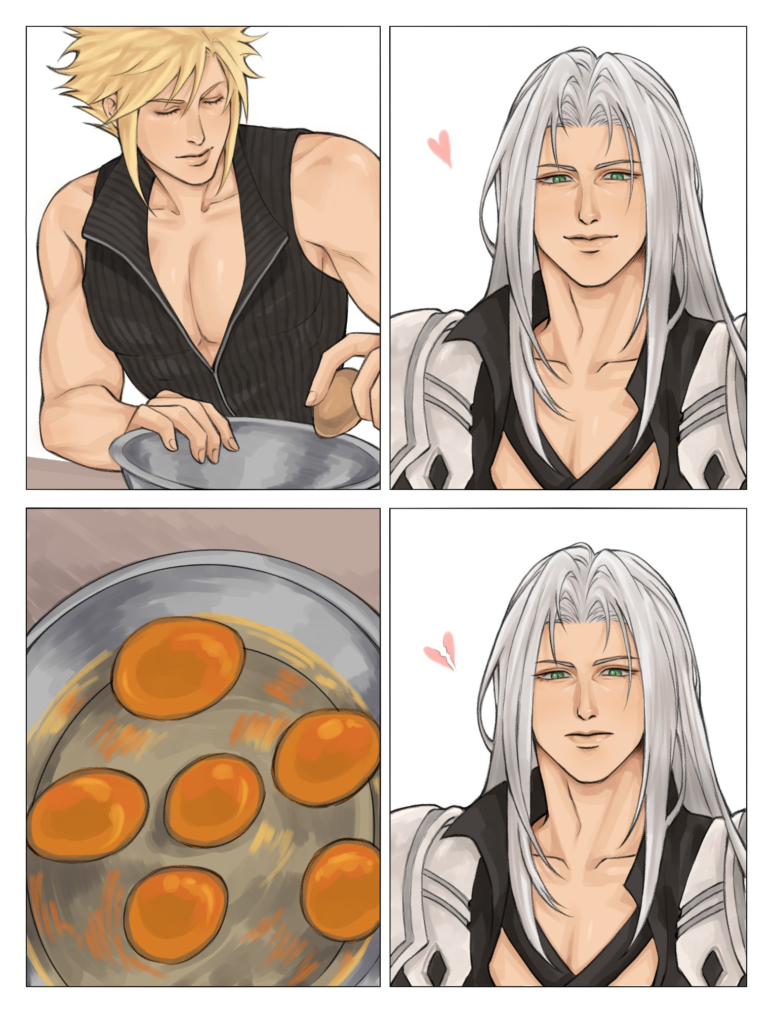 Top right: Sephiroth smiling
Top left: Cloud on screen, cracking open an egg
Bottom right: Sephiroth sulking
Bottom left: Six egg on a bowl